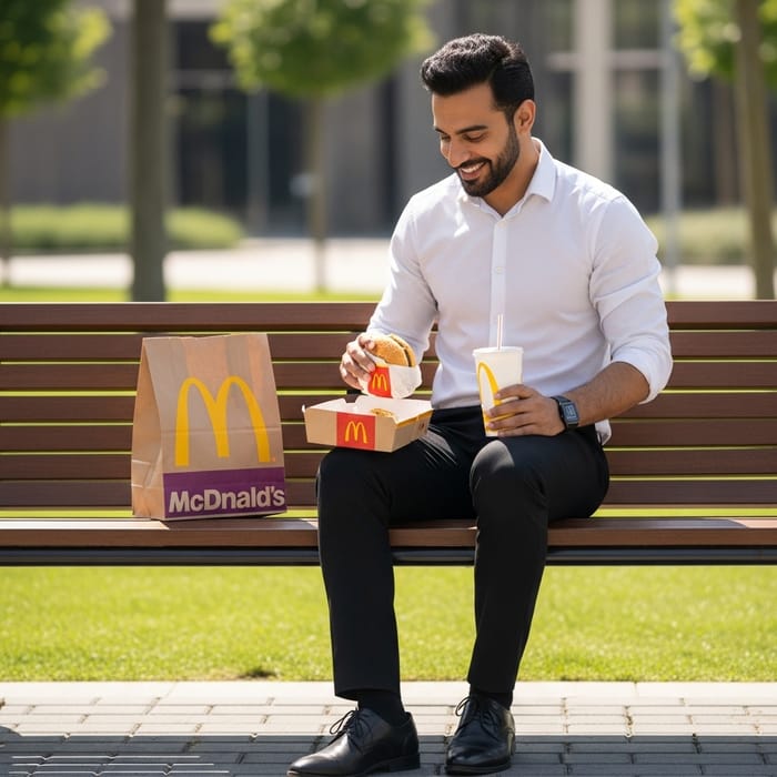 Man Enjoying McDonald's Meal Outdoors Man Enjoying McDonald's Meal Outdoors