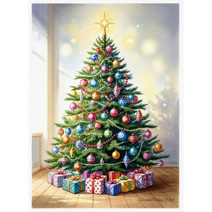 Christmas Tree Watercolor Postcard Illustration Christmas Tree Watercolor Postcard Illustration