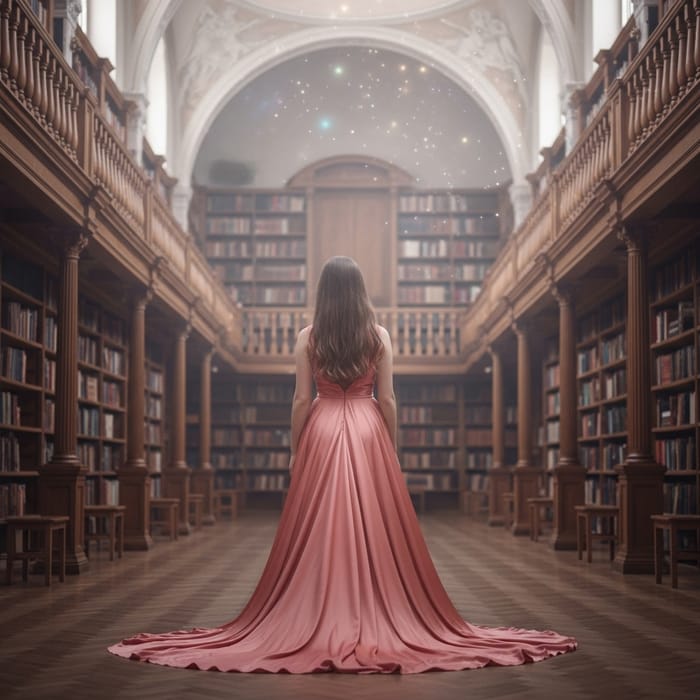Enchanting Young Girl in Salmon Pink Gown in Ethereal Library Enchanting Young Girl in Salmon Pink Gown in Ethereal Library