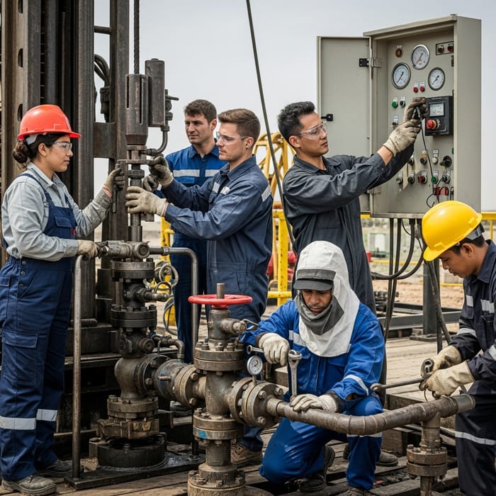 Diverse Oil Extraction Workers: Hard Work and Collaboration