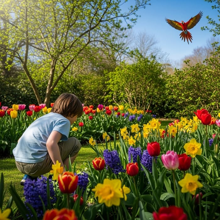 Child in Spring Garden with Colorful Bird Flying Child in Spring Garden with Colorful Bird Flying
