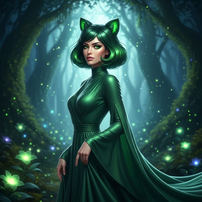 Strikingly Beautiful Woman with Emerald Cat Ear Hair & Green Dress Strikingly Beautiful Woman with Emerald Cat Ear Hair & Green Dress