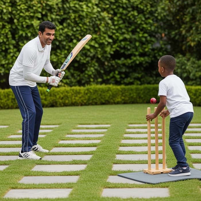 South Asian Uncle & African American Nephew Cricket Game on Lawn South Asian Uncle & African American Nephew Cricket Game on Lawn