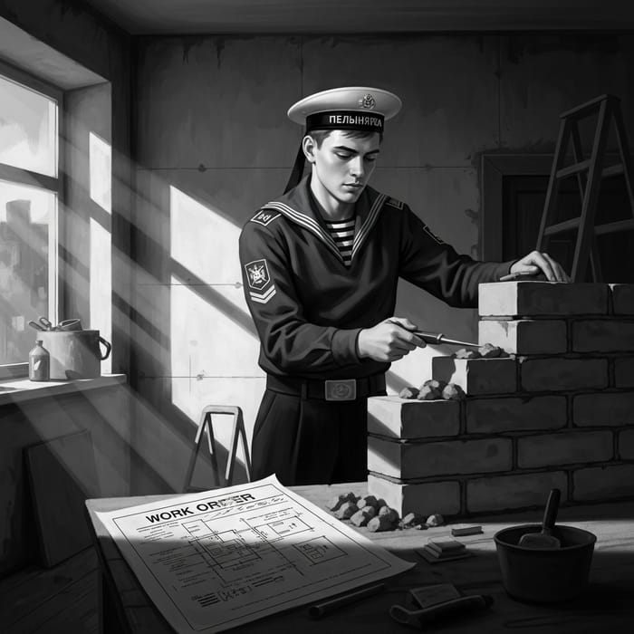 Vintage Black-and-White Poster of Russian Sailor Building Brick Wall