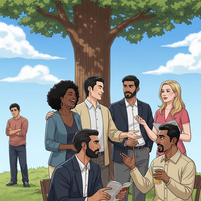 Fictional Scene: Gathering Under Tall Tree Fictional Scene: Gathering Under Tall Tree