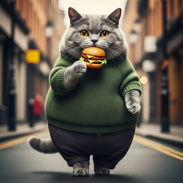 Stocky Grey British Cat in Green Sweater Munching on Hamburger