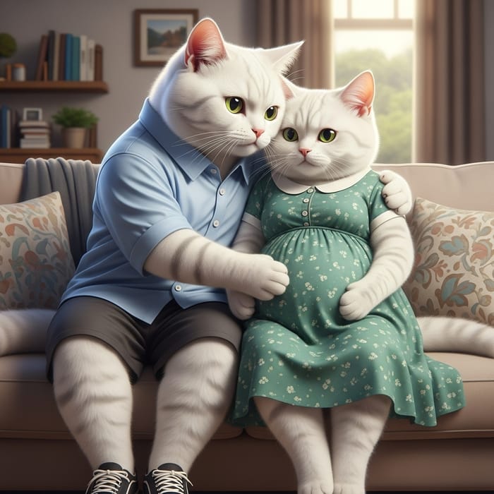 Realistic Scene of Pregnant White Cat Embraced by Scottish Partner