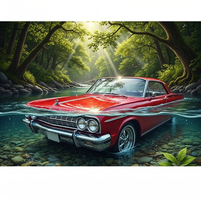 Vintage Red Car in Serene River Setting Vintage Red Car in Serene River Setting