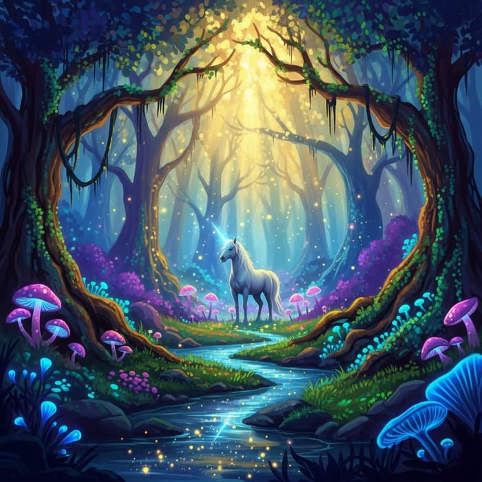 Mystical Forest with Unicorn and Glowing Mushrooms Mystical Forest with Unicorn and Glowing Mushrooms