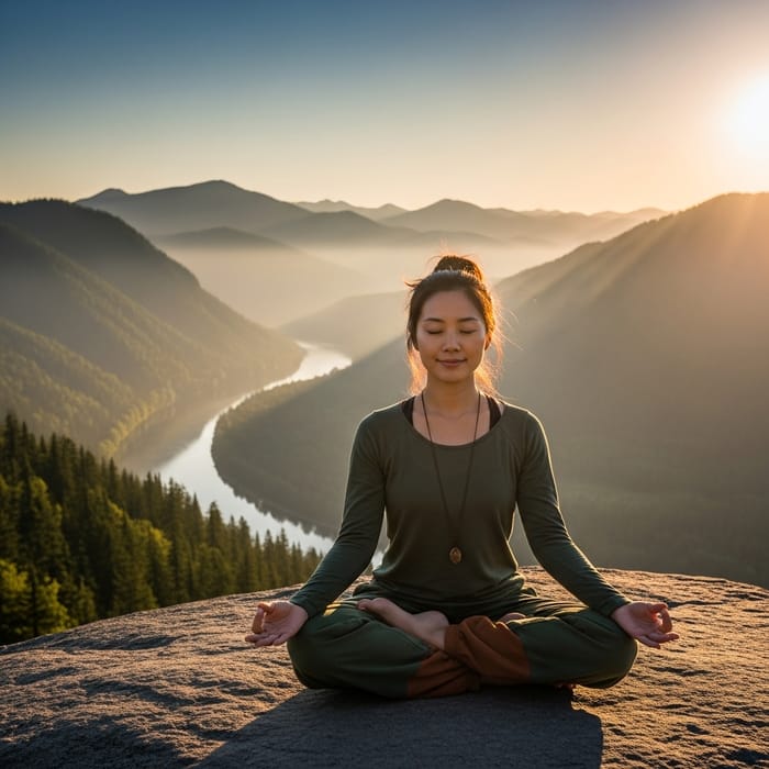 Zen Yoga: Asian Woman at Sunrise Performing Lotus Pose