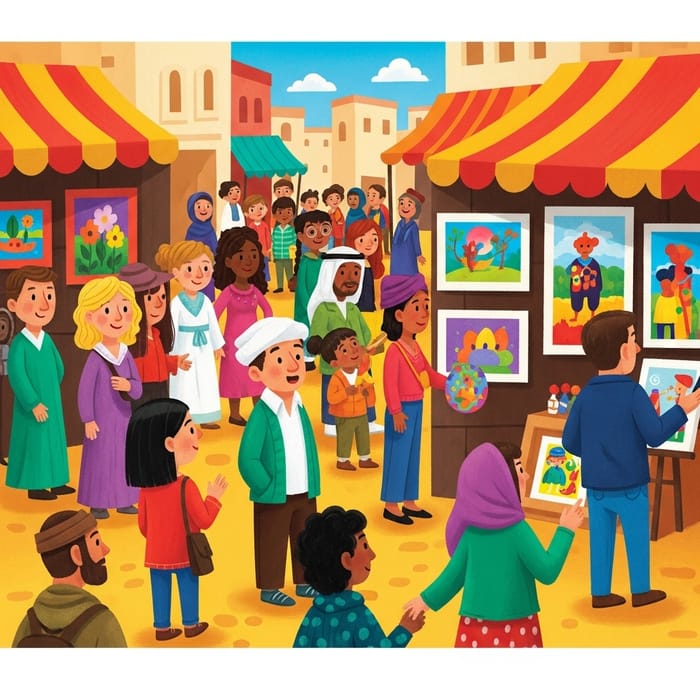 Children's Book Style Cartoon of People Enjoying Art Exhibition Children's Book Style Cartoon of People Enjoying Art Exhibition