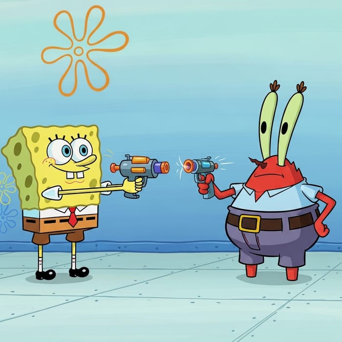 SpongeBob Holding Gun Shooting Mr. Krabs