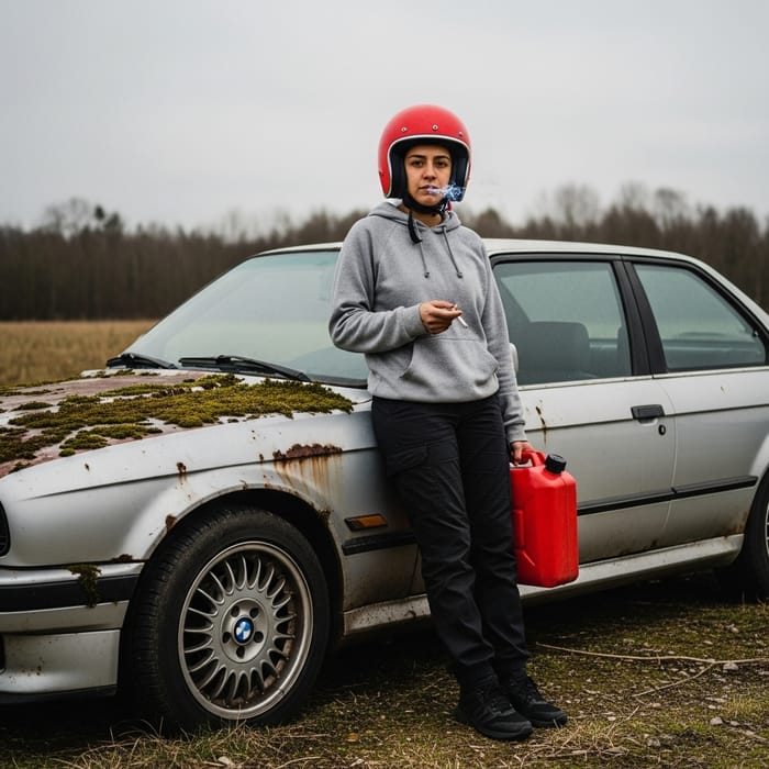 Sportscar Driver in Red Helmet by Rusty BMW with Cigarette and Carnister Sportscar Driver in Red Helmet by Rusty BMW with Cigarette and Carnister