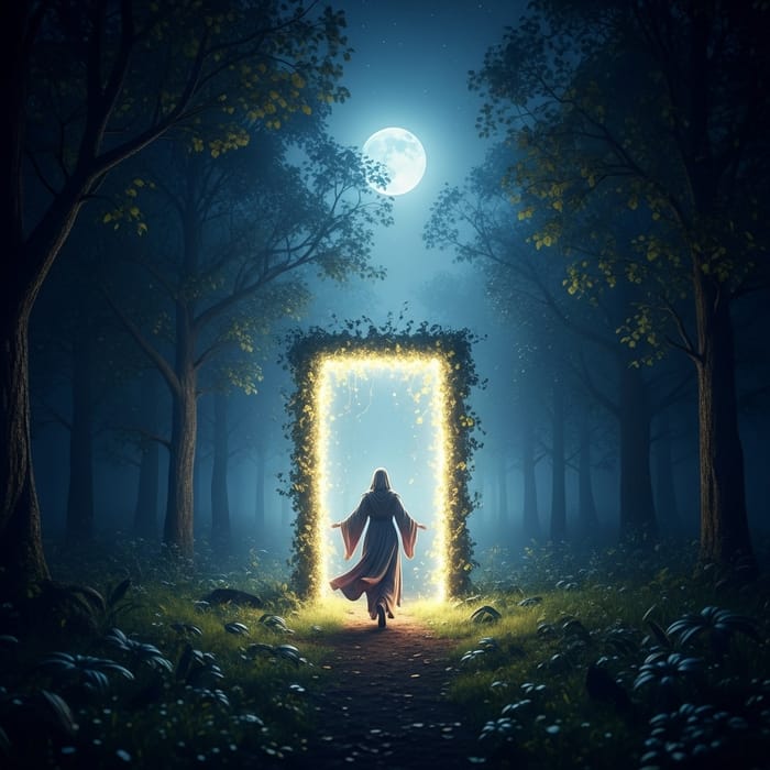 Ethereal Moonlit Forest Portal: Surreal Fantasy Scene