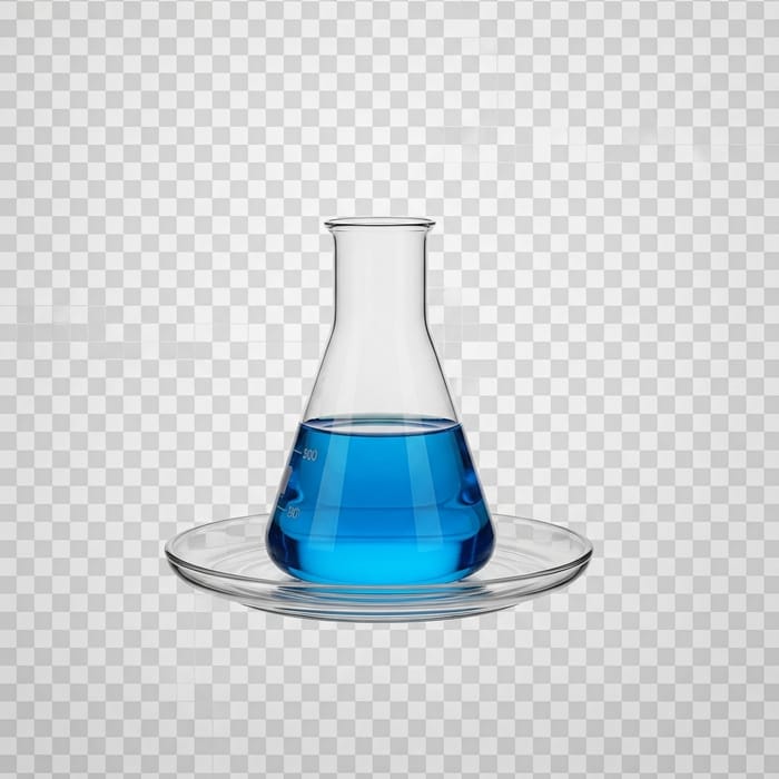 Chemical Glass with Blue Liquid on Transparent Plate Chemical Glass with Blue Liquid on Transparent Plate