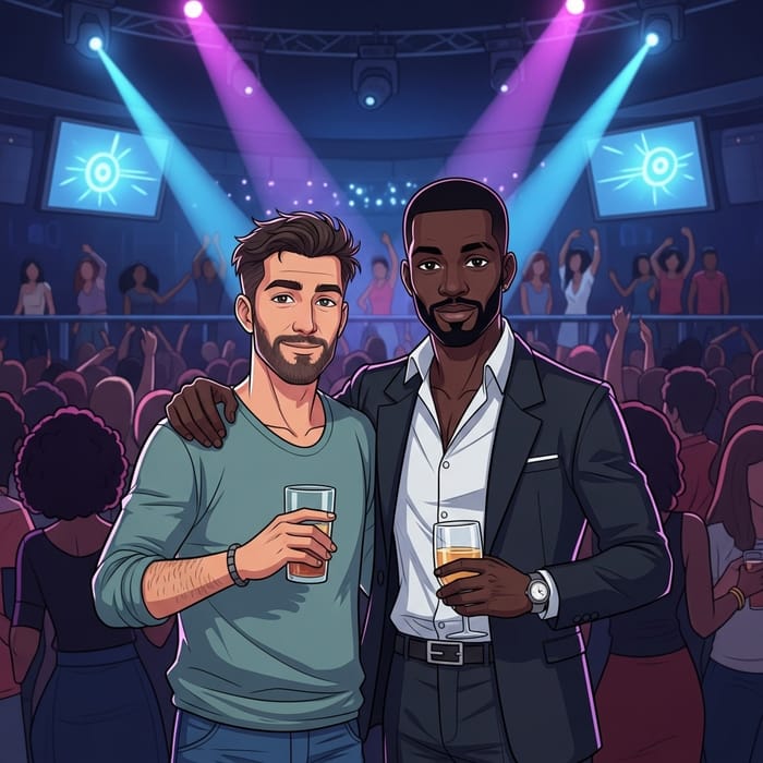 Stylish Men in a Vibrant Nightclub with Drake