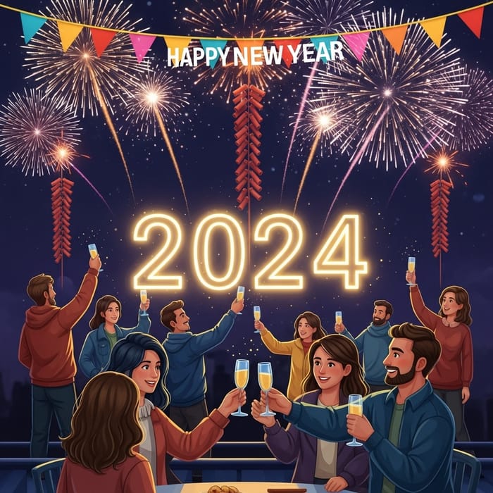 Vibrant 2024 New Year Celebration with Fireworks & Champagne Toast Vibrant 2024 New Year Celebration with Fireworks & Champagne Toast