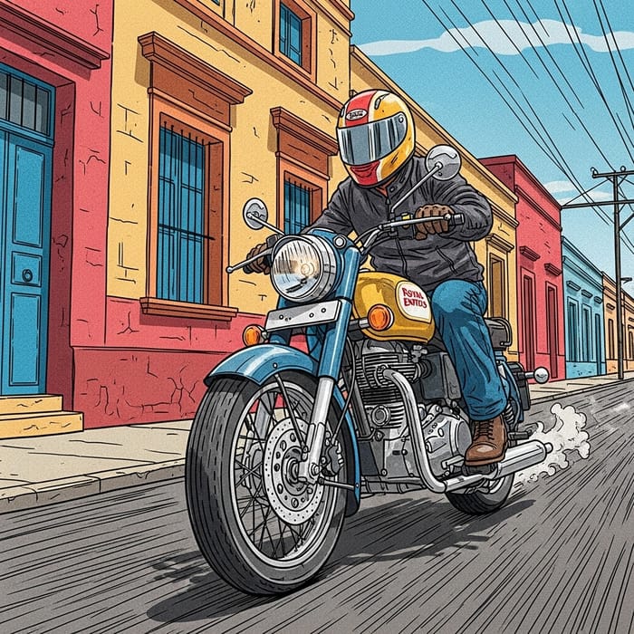 Argentinean Motorcyclist Racing Through Vibrant Streets of Salta in Comic Book Style