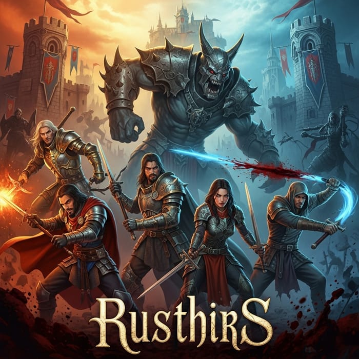 Epic Gothic Fantasy Album Cover: Heroes vs. Monstrous Villain Epic Gothic Fantasy Album Cover: Heroes vs. Monstrous Villain