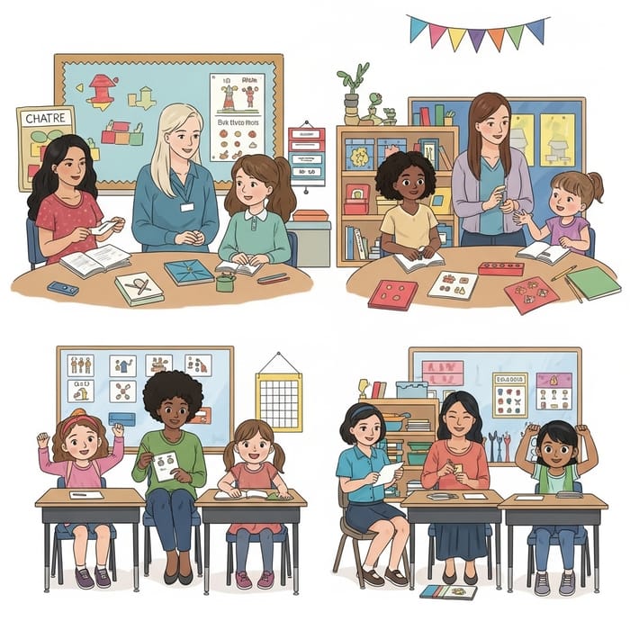 Five Teachers Engaging 20 Five-Year-Olds in Class Five Teachers Engaging 20 Five-Year-Olds in Class
