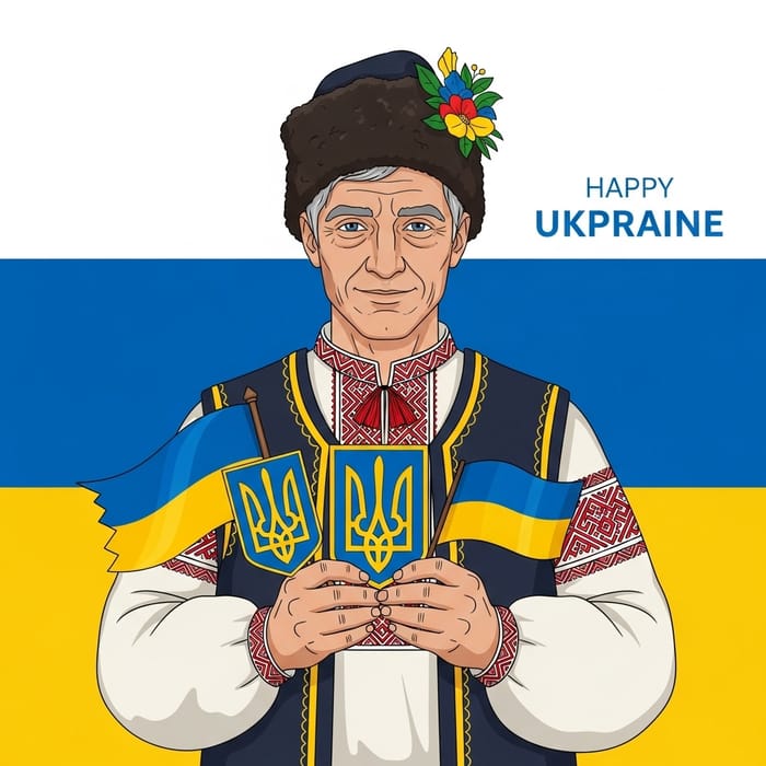 Painted Trump with Ukrainian Symbols on Yellow-Blue Flag Painted Trump with Ukrainian Symbols on Yellow-Blue Flag