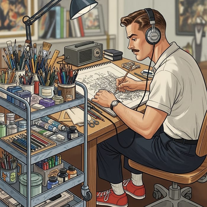 Illustrator at Work in 1950s | Creative Drawing Artist with Music