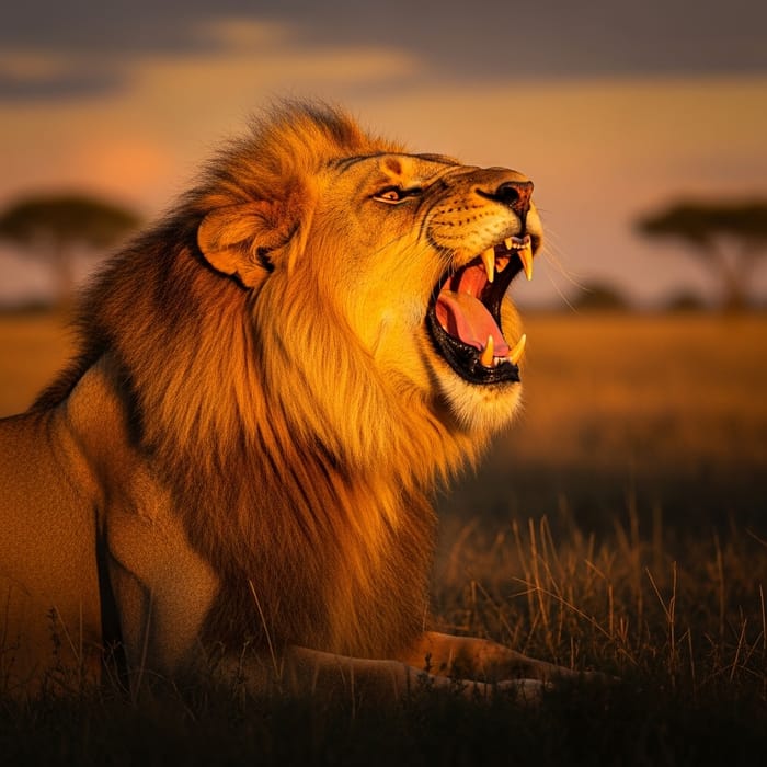 Majestic Lion Roaring at Sunset in the Savanna Majestic Lion Roaring at Sunset in the Savanna