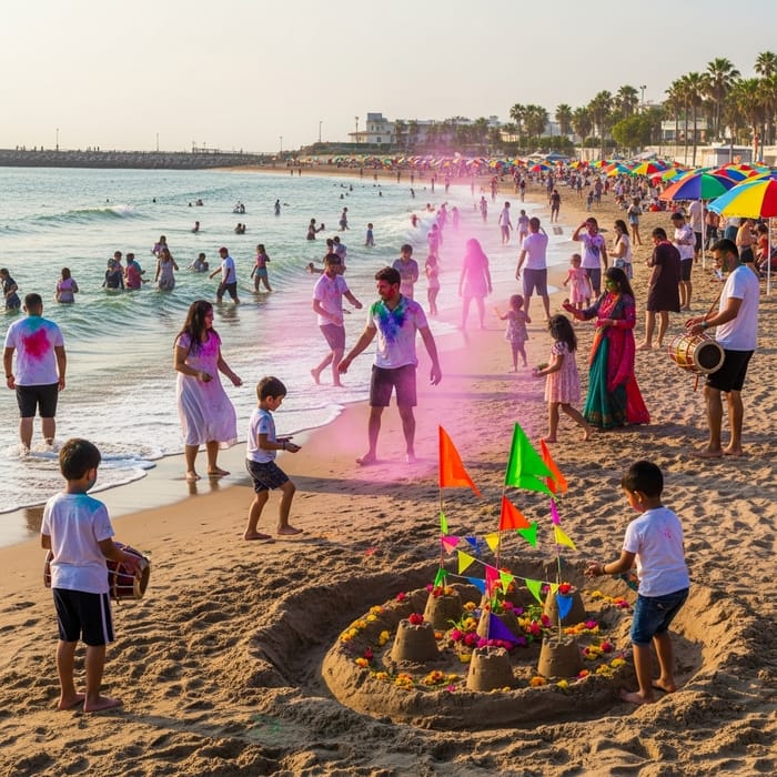 Vibrant Holi Celebrations on Sandy Beach Vibrant Holi Celebrations on Sandy Beach