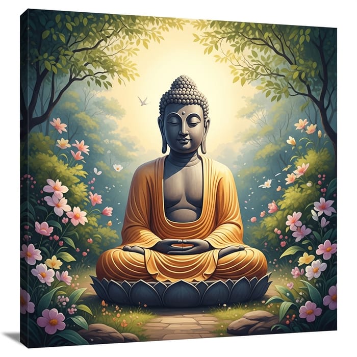 Tranquil Buddha Meditating in Lush Garden | Zen Art Influence Tranquil Buddha Meditating in Lush Garden | Zen Art Influence
