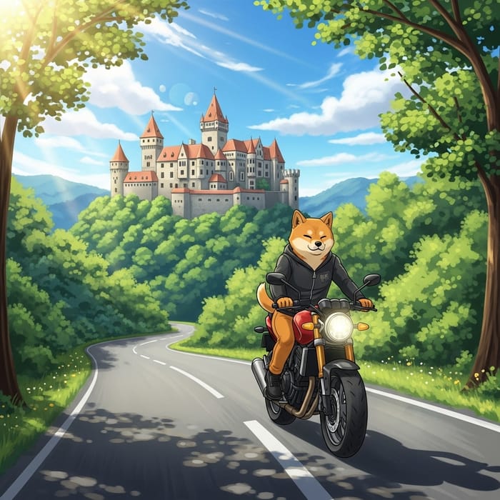 Shiba Inu Riding Honda Motorcycle Past Bojnice Castle in Slovakia