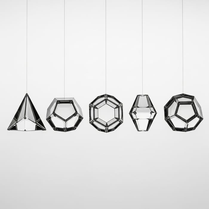 Geometric Glass Sculpture Installation: Suspended Tetrahedron, Hexahedron, Octahedron, Icosahedron & Dodecahedron