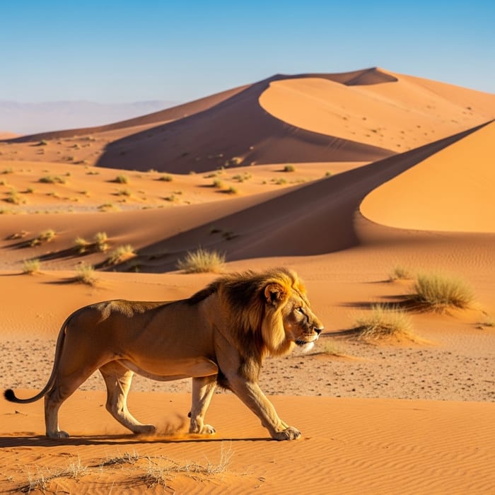 Majestic Lion in Desert Wilderness | Captivating Wildlife Shot Majestic Lion in Desert Wilderness | Captivating Wildlife Shot