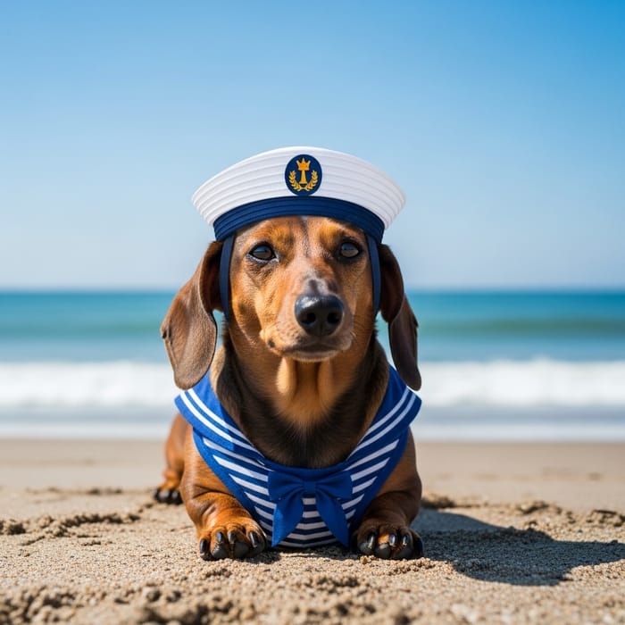 Cute Sailor Dachshund Relaxing at Seashore Cute Sailor Dachshund Relaxing at Seashore