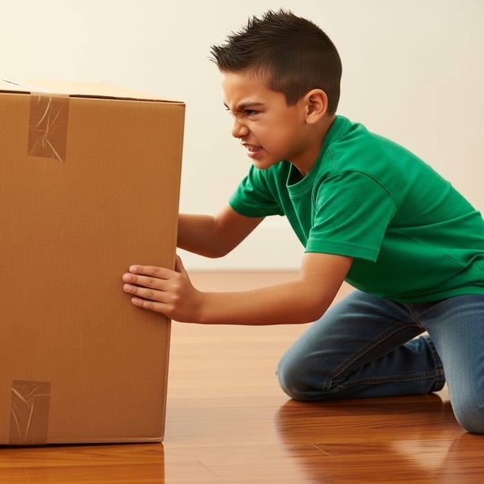 Child Moving Box with Effort | Energetic Scene Child Moving Box with Effort | Energetic Scene