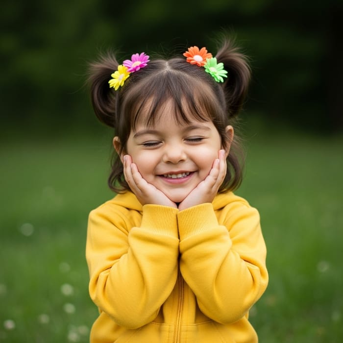 Adorable Brown-Haired Toddler in Yellow Tracksuit with Pigtails and Flower Clips Adorable Brown-Haired Toddler in Yellow Tracksuit with Pigtails and Flower Clips