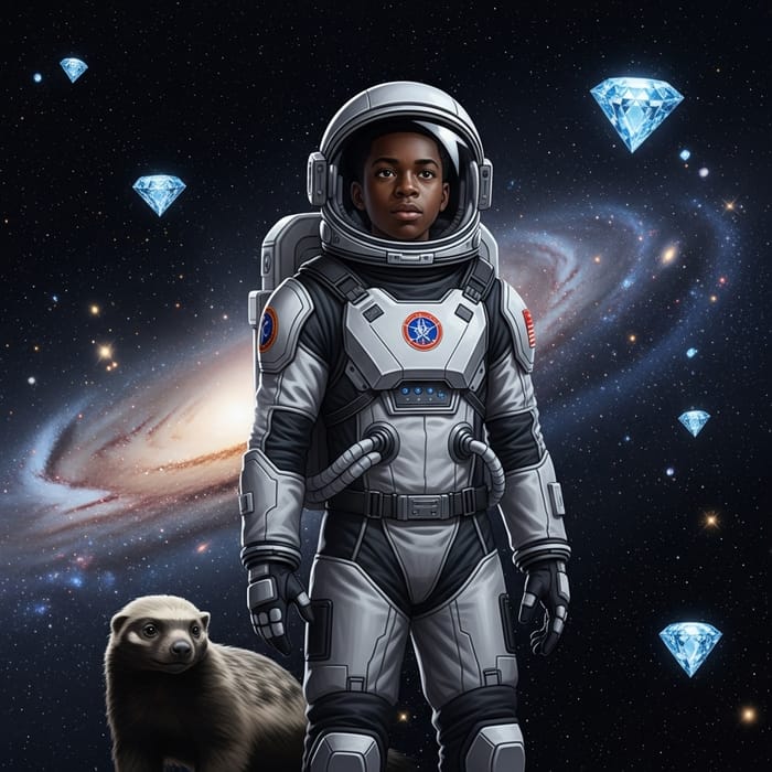 Courageous 13-Year-Old Black Male Astronaut in Cosmic Journey with Fearless Honey Badger