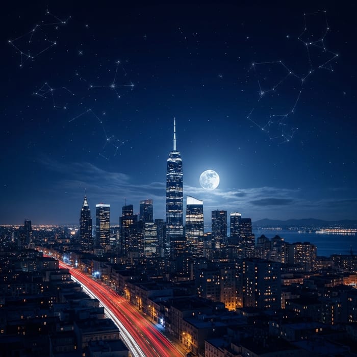 Tranquil Night View of Cityscape with Moonlight & Stars