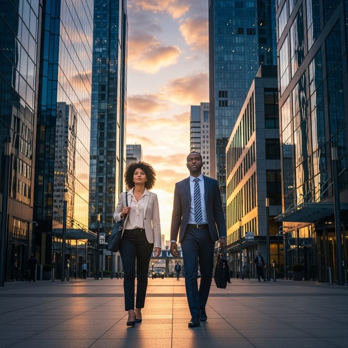 Professional Mixed-Race Woman & Black Businessman in African Urban Business Scene Professional Mixed-Race Woman & Black Businessman in African Urban Business Scene