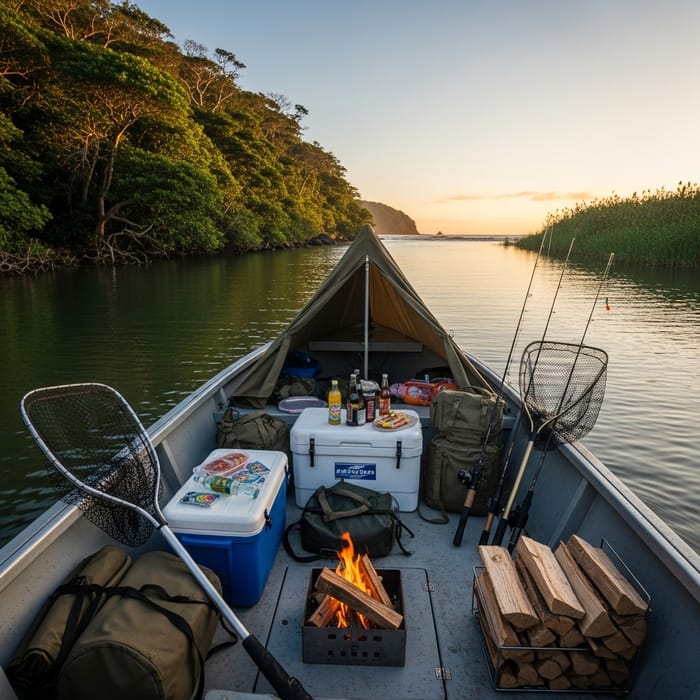 Small Boat Camping and Fishing Expedition on Calm River with Ocean View