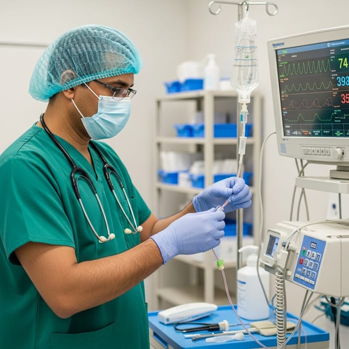Caring Nurse with Arterial Cannula in Hospital Caring Nurse with Arterial Cannula in Hospital