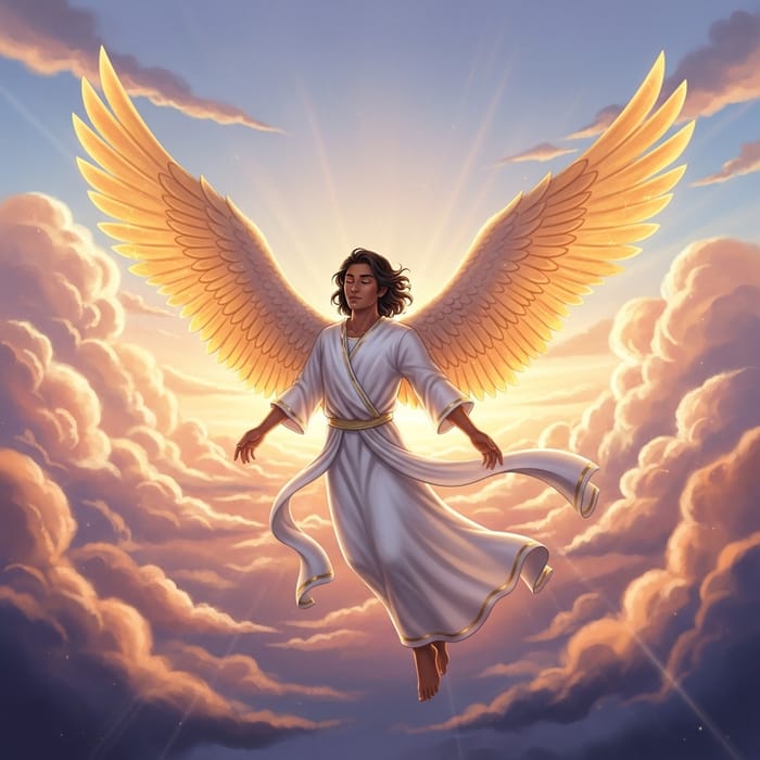 Male Angel Soaring in Fantasy Sky | Divine Tranquility