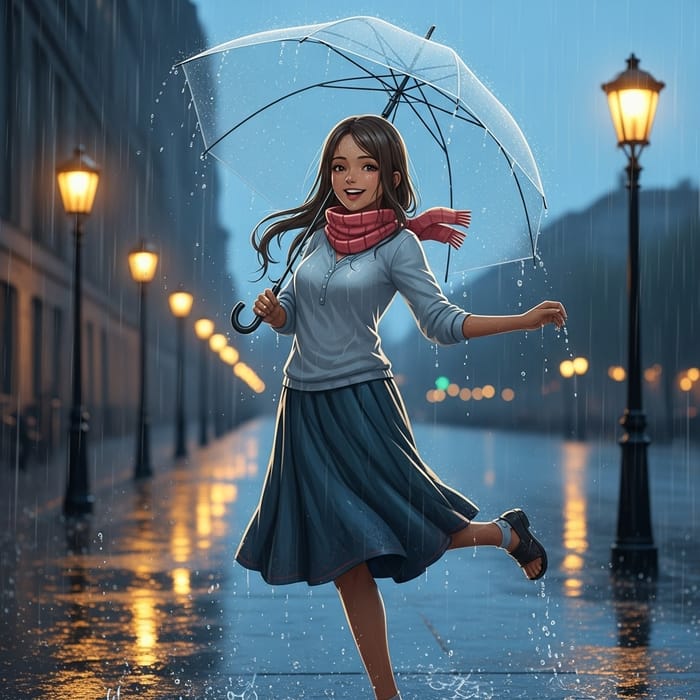 South Asian Anime Girl Dancing in Rain with Short Scarf South Asian Anime Girl Dancing in Rain with Short Scarf
