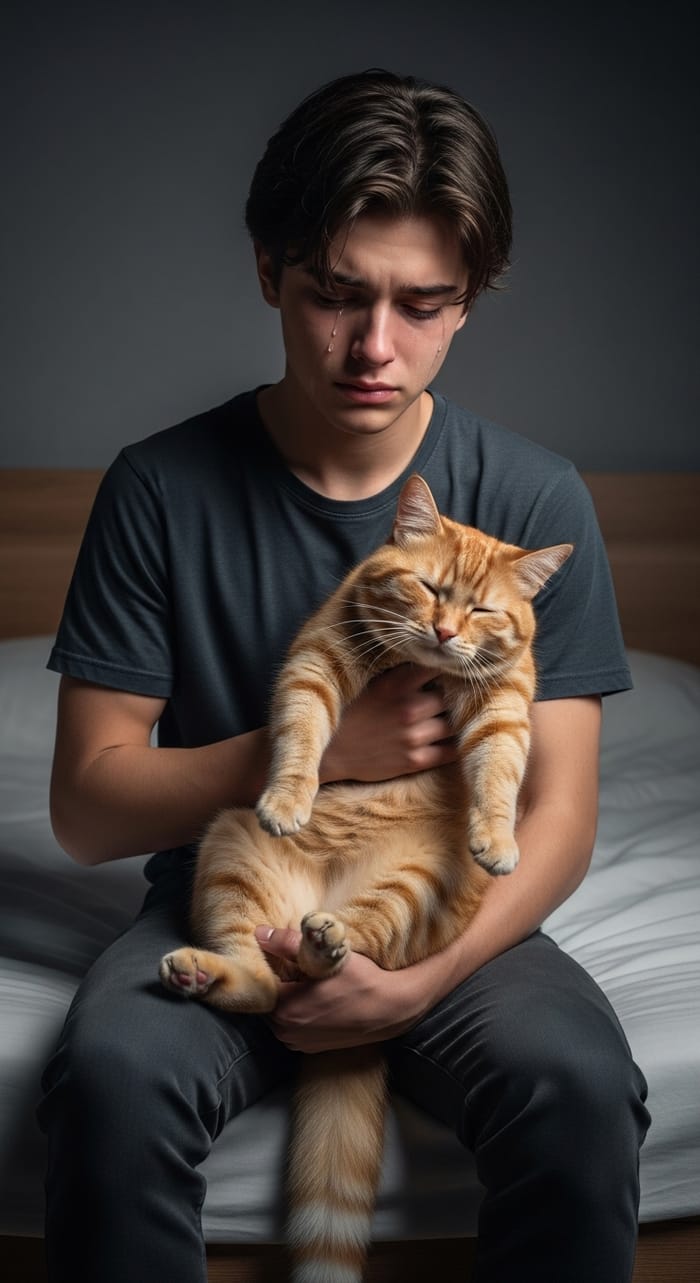 Touching Scene: 17-Year-Old Boy Grieving with Lifeless Cat