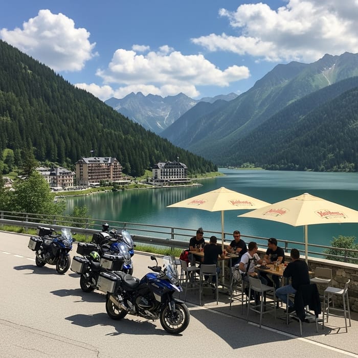 Motorcycle Riders Relaxing on Scenic European Mountain Roads Motorcycle Riders Relaxing on Scenic European Mountain Roads