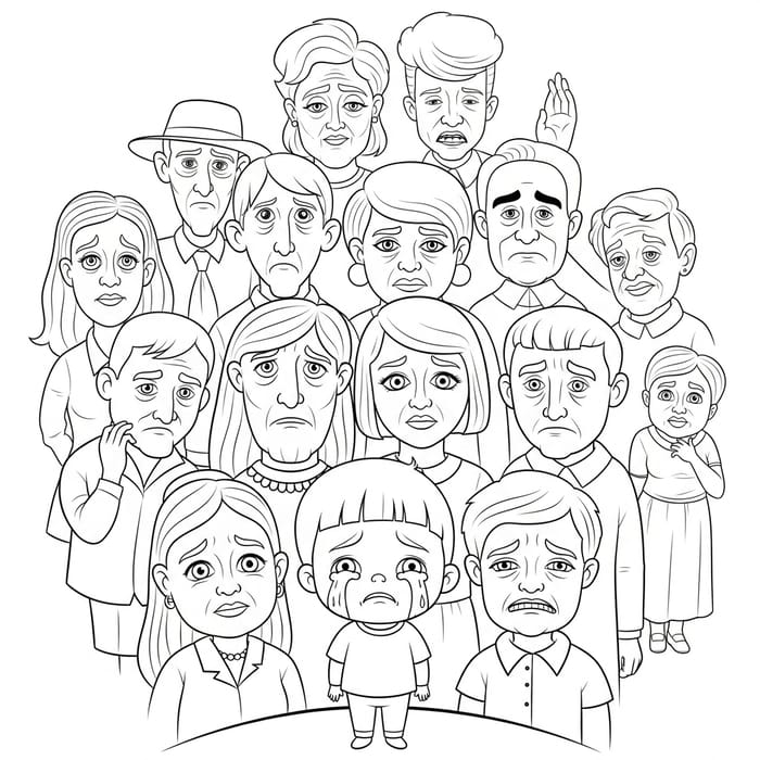 Child Crying Among Cartoon Symbols of Death in Black and White Child Crying Among Cartoon Symbols of Death in Black and White