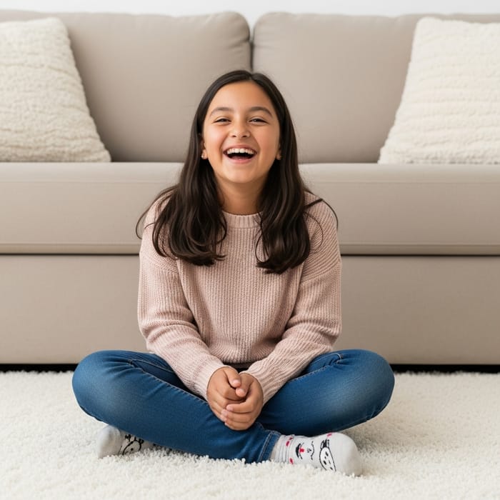 Infectious Laughter of Hispanic Teen on Soft White Rug Infectious Laughter of Hispanic Teen on Soft White Rug