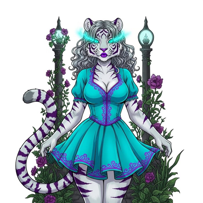 Mesmerizing Stylized White Tiger Anthro Female Art in Enchanted Garden