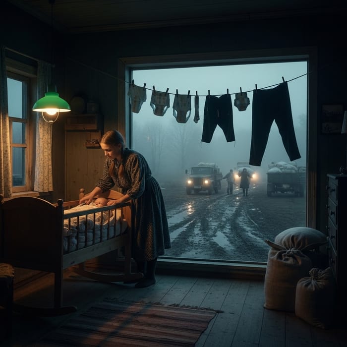 Russian Rustic Room at Night | Girl Rocking Cradle by Green Lamp