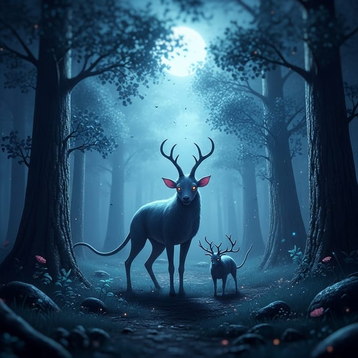 Mystical Creature in Moonlit Forest: Ethereal Fantasy Mystical Creature in Moonlit Forest: Ethereal Fantasy