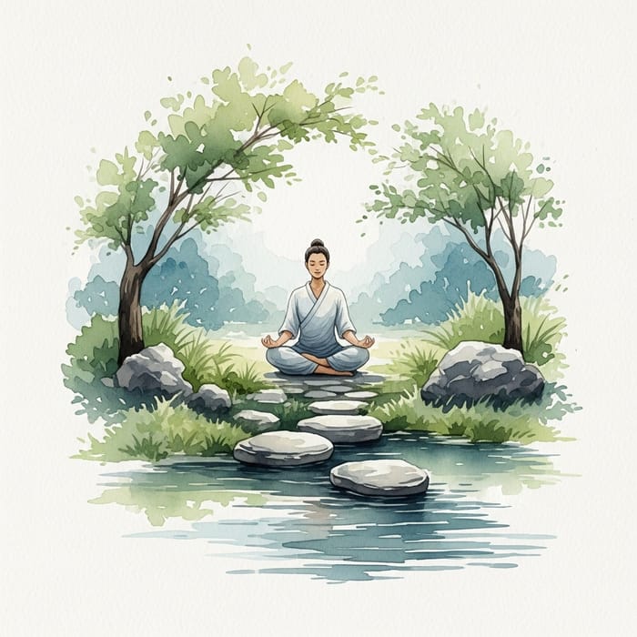 Tranquil Garden Watercolor Painting of Meditating Figure Tranquil Garden Watercolor Painting of Meditating Figure
